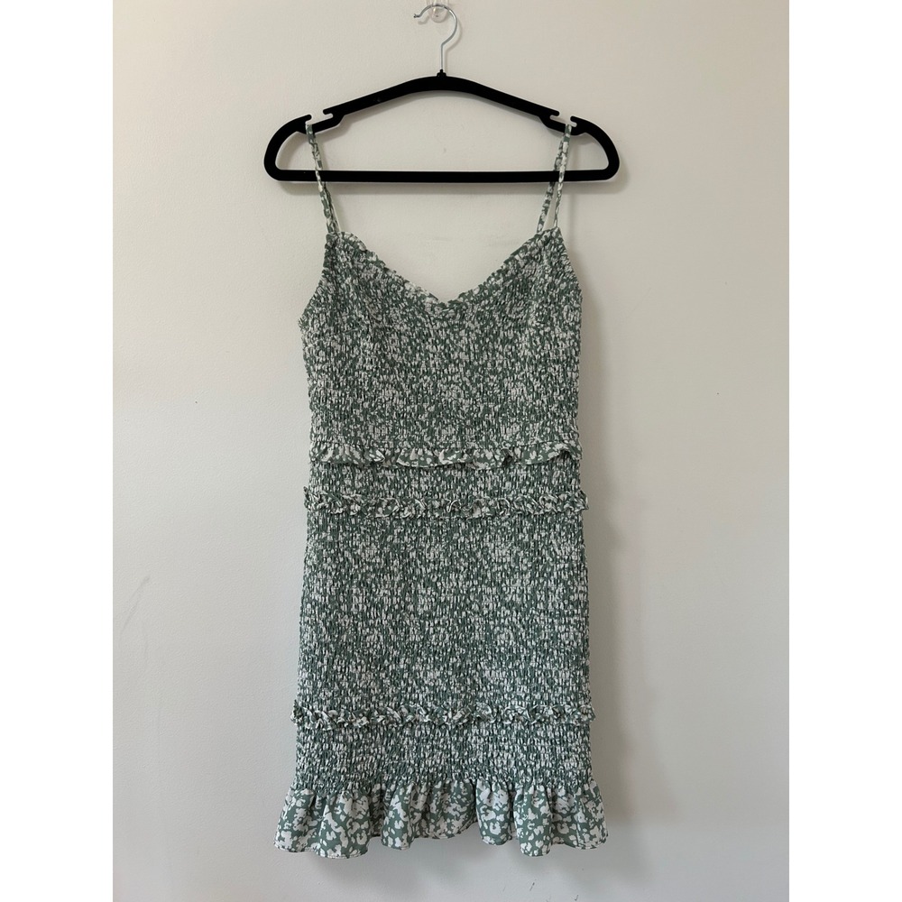 Abercrombie & Fitch Green Floral Smocked Ruffle Mini Dress Large Sage White